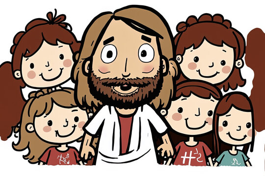 picture of Jesus with kids on a white backdrop. Generative AI