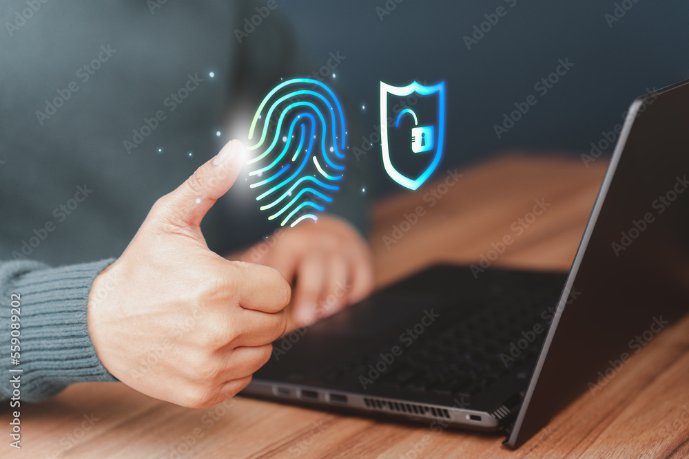 Poster Man login with fingerprint scanning technology. Security concepts and fingerprint password control in the technology of the future.