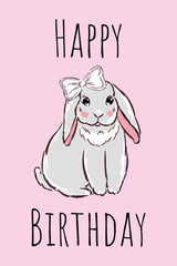 Happy Birthday pink girl card design with cute bunny with bow . Party and celebration elements. Text Happy Birthday. Vector illustration in flat design.