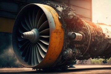  airplane engine exposure, maintenance, aeronautical engineering concept, generative ai composite
