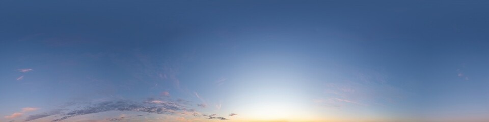 Dark blue sunset sky panorama with pink Cirrus clouds. Seamless