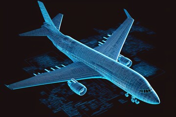 Fototapeta na wymiar airplane blueprint hologram concept, generative ai composite
