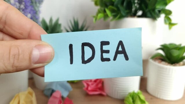 Hand holding note with word idea. Innovation, inspiration and creativity concept