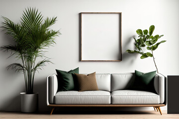 Interior living room wall mockup on a white backdrop with a leather sofa and accessories. Generative AI