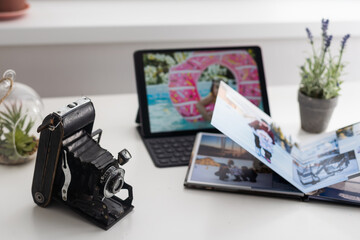 Close-up view of photographer's of graphic designer's workplace