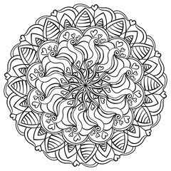 Outline mandala with waves and striped petals, meditative zen coloring book with hearts