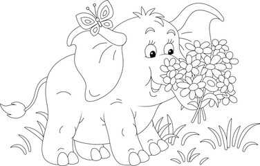Merry butterfly and a friendly smiling cute little elephant with a bouquet of beautiful summer flowers, black and white outline vector cartoon illustration for a coloring book