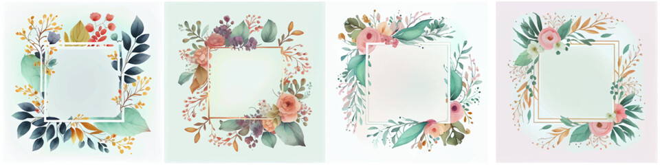 set vector illustration wtercolor flowers in empty space frame isolate with sopyspace