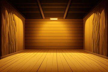 wooden walls, ceiling, and floor in an empty room. Game backdrop with a textured cartoon wood box. 2D illustration of an abstract interior of a barn, farm, or ranch with brown or yellow boards