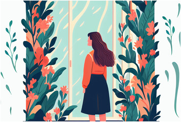 vector illustration of woman looking at window with plants and flowers