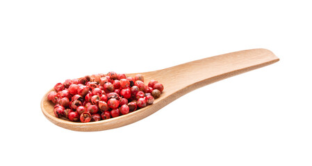 Red peppercorn in wood spoon on transparent png