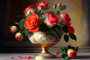 Red and Peach Roses in Gold flower
