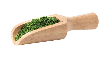 dried parsley in wood scoop  isolated on transparent png