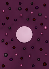Dark magenta, purple 3D illustration minimal product display Christmas themed with colorful decoration Christmas balls falling top view flat lay photography wallpaper with one podium or stand