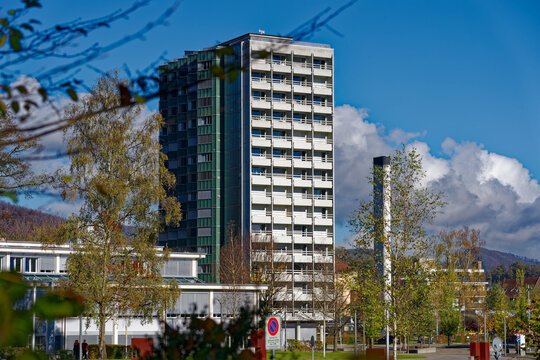 Hospital with park at City of Olten on a sunny autumn day. Photo taken November 10th, 2022, Olten, Switzerland.