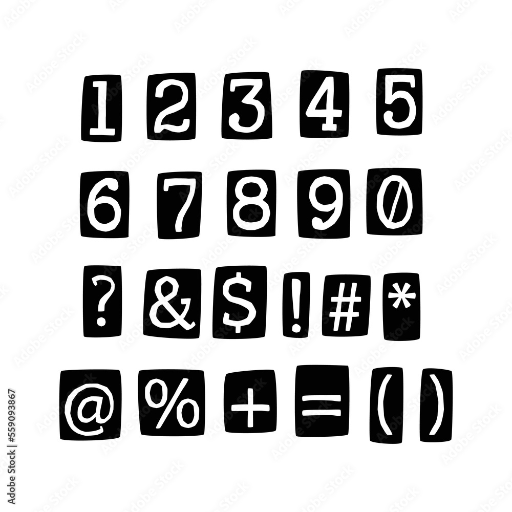 Fototapete Black and white anonymous symbols and numbers set. Anonymous font cut out from magazine.