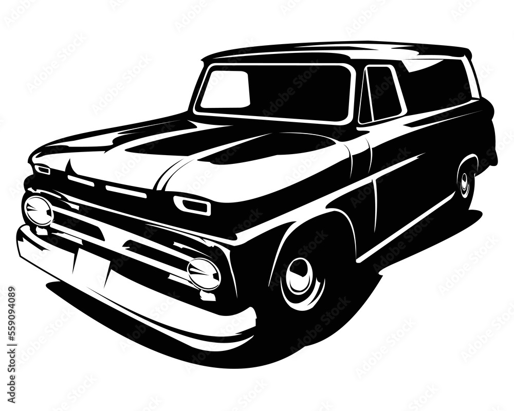 Wall mural 1965 panel truck silhouette view from front on white background. best for logo, badge, emblem, icon,