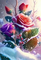 Winter,Snowflakes flying,Many  roses bloom in the snow. Valentines Day. Ai Generative