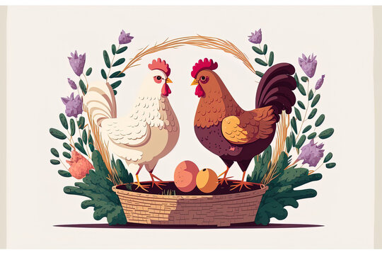 Two chickens standing close to a basket of organic eggs. Chickens on a farm that are free to roam. domestic chicken. eco friendly local cuisine on a white background, a hand drawn flat textured