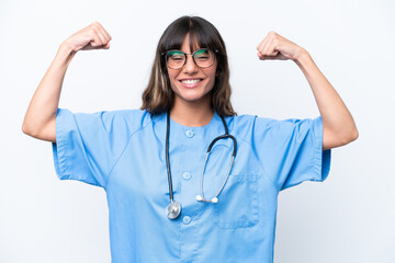 Young caucasian nurse woman isolated on white background doing strong gesture
