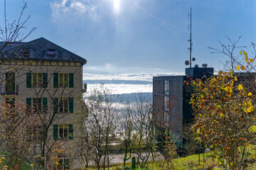 Grand Hotel and restaurant at village of Magglingen on a sunny autumn day. Photo taken November 10th, 2022, Magglingen, Switzerland.