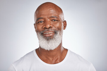 Senior black man, face and self care with skincare, dermatology and cosmetics for clean, glow and...