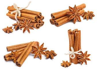 Collection of delicious cinnamon sticks and star anise, isolated on white background