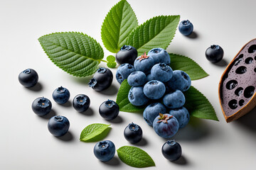 Isolated fresh blueberries and bluberries on a white backdrop. Generative AI
