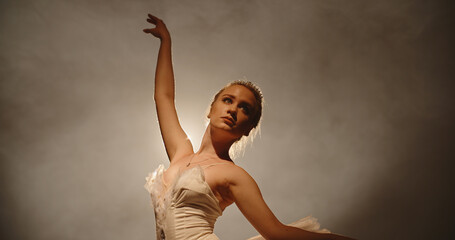 Graceful caucasian ballet dancer graciously performing and spinning on stage, spotted by light and isolated on black background close up  © andreybiling