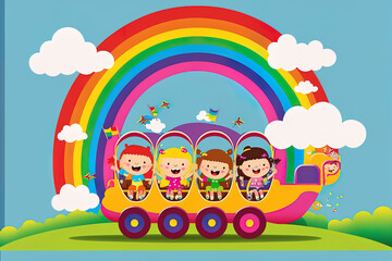 Obraz na płótnie Canvas Happy children in a kindergarten cartoon ride a toy railway. Little boys and girls are riding in a train as smiling youngsters are sitting in carriages beneath a rainbow in the sky. people in amusing