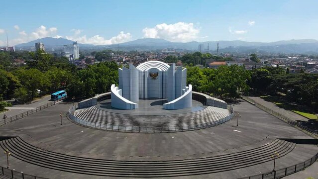 Aerial view of Monument to the Struggle (Monumen Perjuangan), Landmark of Bandung, monument with Garuda, Indonesia national emblem and motto, Unity in Diversity (Bhineka Tunggal Ika)