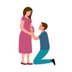 Happy husband with pregnant woman in flat design on white background.
