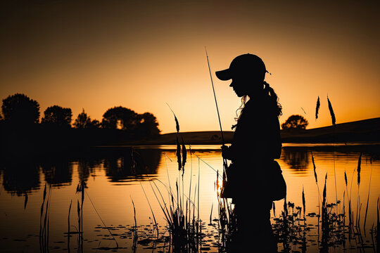 Woman in silhouette beside the pond at dusk, holding a fishing rod. Generative AI