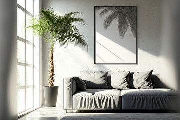 mock up of a blank canvas in a contemporary living room with a gray sofa, wooden furniture, and palm trees,. Generative AI