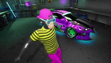 Looped presentation of dancing NFT Ape avatar with tuned car on background. NFT 3d bored ape with neon low modified drift car in metaverse garage. Digital art loop. Non-fungible Token.	