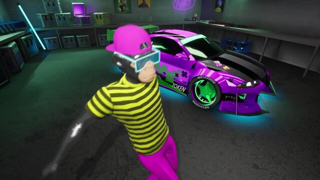 Looped presentation of dancing NFT Ape avatar with tuned car on background. NFT 3d bored ape with neon low modified drift car in metaverse garage. Digital art loop. Non-fungible Token.	