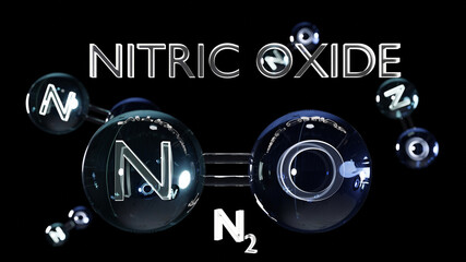 Nitric Oxide, NO, molecule model,  chemical formula. Nitrogen oxide, nitrogen monoxide or Oxidonitrogen. Ball-and-stick, nitric oxygen monoxide structural formula, nitrous azote and oxygen, 3d render