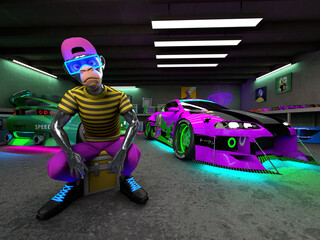 NFT Ape avatar pic with tuned car on background. NFT 3d bored ape with neon low modified drift car in metaverse garage. Digital art loop. Non-fungible Token.  © Anton Lumo