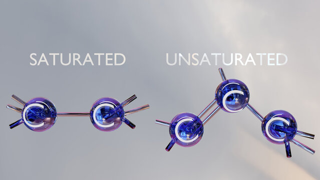 saturated and unsaturated fatty acids, triglyceride, triacylglycerol,  triacylglyceride lipid, glycerol and 3 fatty acids, body fat in humans, structure formula, ball-and-stick model, 3d render	