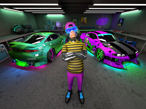 NFT Ape avatar pic with tuned car on background. NFT 3d bored ape with neon low modified drift car in metaverse garage. Digital art loop. Non-fungible Token.	