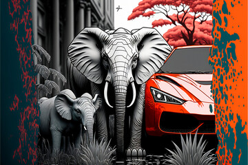 Wildlife in the modern world. Elephant and sports car. Africa in the city. Spilled paints on a gray background. High quality illustration