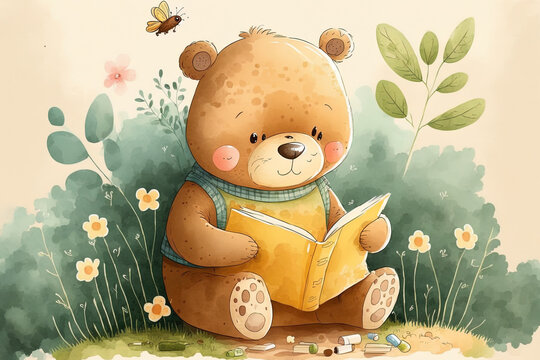 Bear was in the forest with bees reading and studying a book on honey. Teddy Bear learning reading in the woodland in a cute children's animation. watercolor style cartoon of children in . Generative