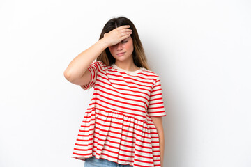 Young caucasian woman isolated on white background with headache