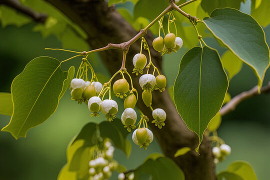 Japanese Snowbell Tree (Styrax japonicus) Summer Fruit and Foliage in a Garden in Rural Cheshire, England, UK. Generative AI