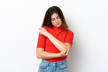 Young caucasian woman isolated on white background with pain in elbow