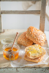 Fresh and tasty wholemeal buns for breakfast.