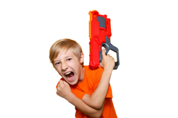 a boy on a transparent background in an orange T-shirt screams holding a toy gun in his hands