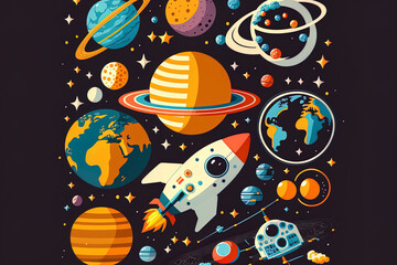 Illustration featuring the moon, stars, planets, and a spacecraft. galaxy and shuttle, technology and astronomy, ship and spacecraft, and vehicle and spacecraft. Generative AI