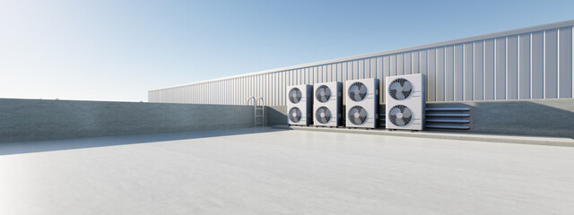3d rendering of condenser unit or compressor on rooftop of industrial plant, factory. Unit of ac or air conditioner, hvac or heating ventilation and air conditioning system. Motor, pump and fan inside © DifferR