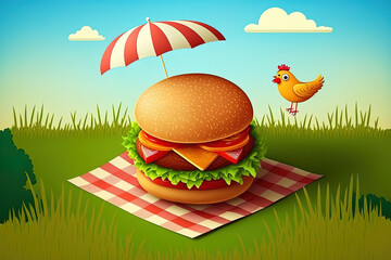 Fototapeta premium Illustration for a chicken burger advertisement, showing a burger on a picnic blanket in a field setting with tomatoes and chili. Generative AI